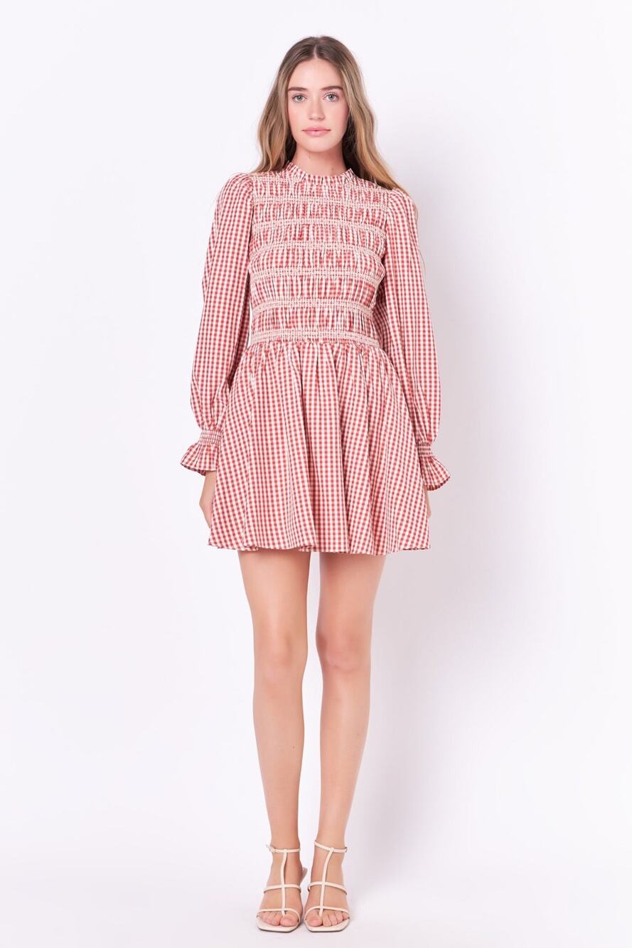NWT English Factory Gingham Striped Smocked Long Sleeve Mini Dress Size Small